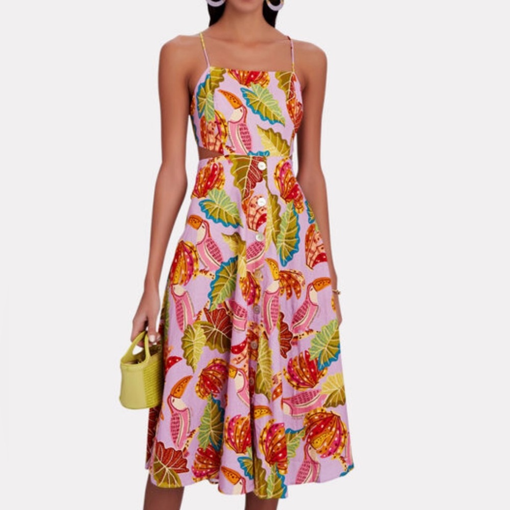 🦜FARM RIO - Beaks & Bananas Print Midi Dress Large